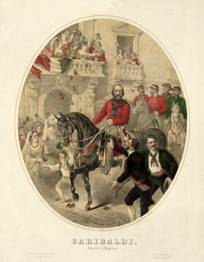 Garibaldi, entrata a Napoli, pub. 1860 (incisione colorata a mano) da American School