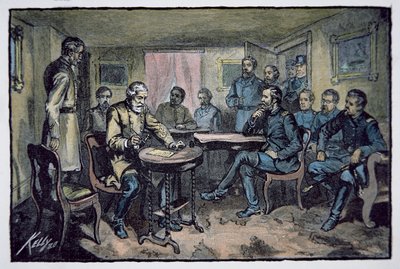 Il generale Robert E. Lee (1807-70) si arrende al generale Ulysses S. Grant (1822-85) al tribunale di Appomattox, 9 aprile 1865 da American School