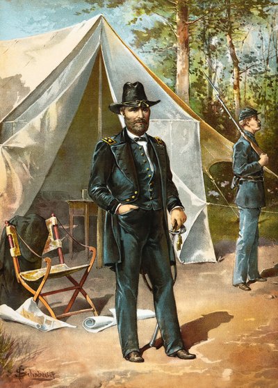 Generale Ulysses S. Grant davanti alla sua tenda durante la guerra civile americana, pub. 1892 da American School