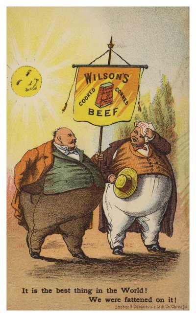 Gentiluomini che portano uno striscione di carne in scatola Wilsons da American School