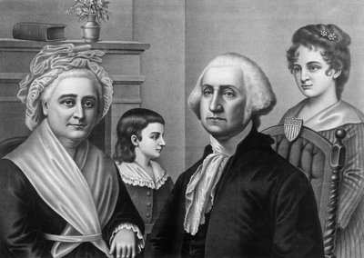 George Washington con sua moglie Martha Washington e i suoi figli a Mount Vernon. Incisione intorno al 1880 da American School