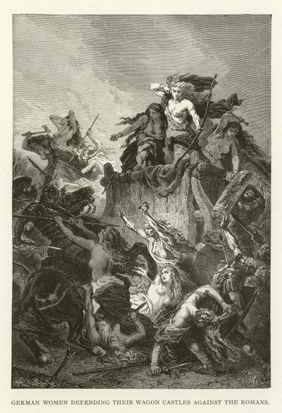 Donne germaniche che difendono i loro castelli di carri contro i romani da American School
