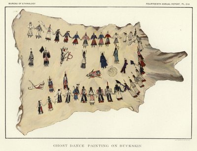 Pittura della danza dei fantasmi su pelle di daino da American School
