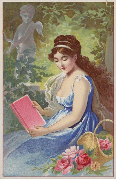 Ragazza con vestito blu che legge un libro da American School