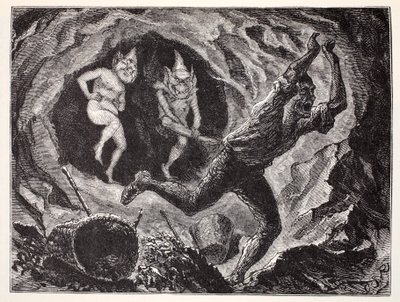 Gnomi che terrorizzano un minatore, da La guida mondiale a gnomi, fate, elfi e altri piccoli esseri di Thomas Keightley, pubblicato nel 1880 da American School