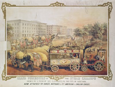 Grande processione del Calliope a vapore trainato da sei elefanti nella città di New York, 1857 da American School