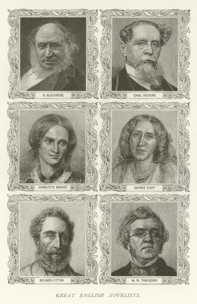 Grandi romanzieri inglesi, R Blackmore, Charles Dickens, Charlotte Bronte, George Eliot, Bulwer-Lytton, W M Thackeray da American School