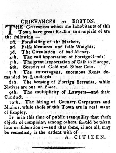 Lamentele di Boston, lettera pubblicata nel Boston Gazette, 4 aprile 1786 da American School