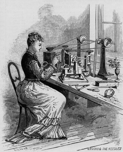 Scanalatura degli aghi, illustrazione che mostra la fabbricazione della macchina da cucire da Scientific American, 1879 da American School