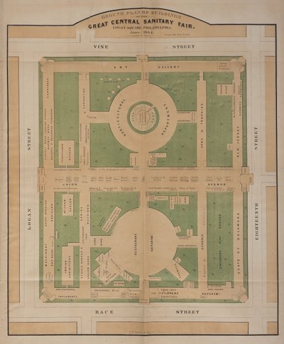 Piantina degli edifici della Grande Fiera Sanitaria Centrale, Logan Square, giugno 1864 (litografia a colori) da American School