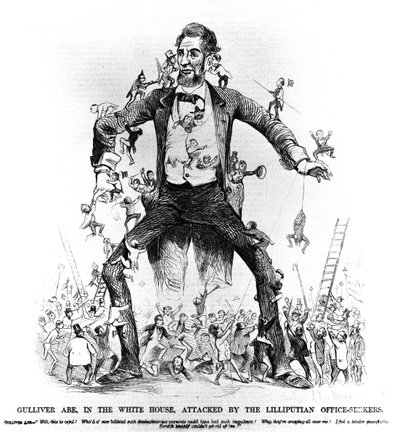 Gulliver Abe, nella Casa Bianca, Attaccato dai Richiedenti Ufficio Lillipuziani, da Frank Leslies Budget of Fun, 15 marzo 1861 da American School