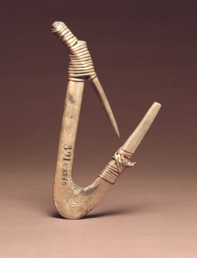 Gancio da halibut, 1800 circa (legno e radice di abete rosso) da American School