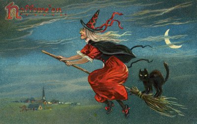 Strega di Halloween e gatto nero che cavalcano una scopa di notte da American School