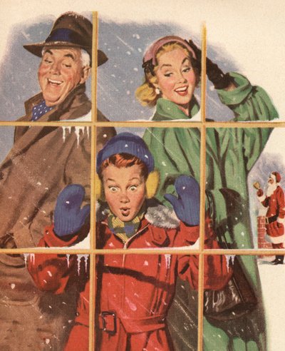 Famiglia Felice che Guarda i Regali in una Vetrina la Vigilia di Natale da American School