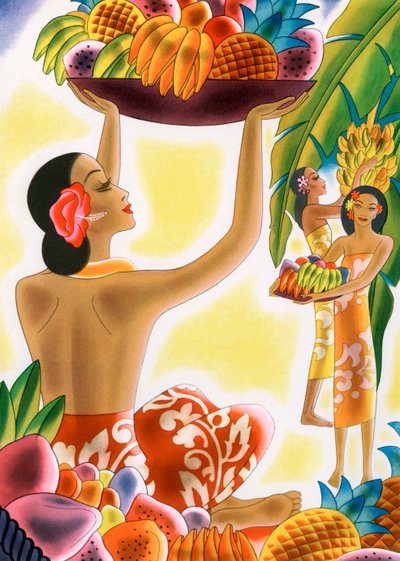 Donne hawaiane che raccolgono frutta da American School
