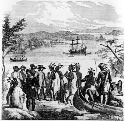 Henry Hudson che discende il fiume Hudson, illustrazione da Ballou