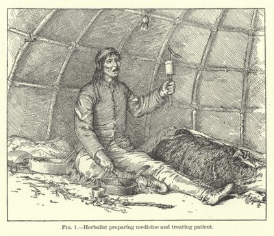 Erborista che prepara la medicina e cura il paziente da American School
