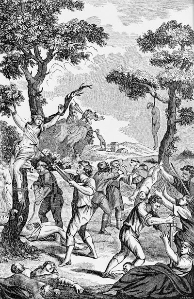 Illustrazione da un opuscolo anti-cattolico che mostra donne e bambini assassinati da American School