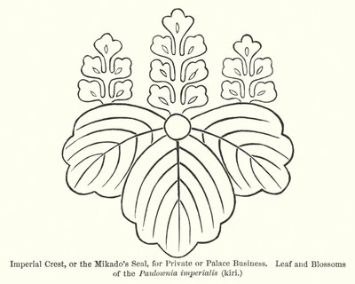 Stemma imperiale, o sigillo del Mikado, per affari privati o di palazzo, foglia e fiori di Paulownia imperialis, kiri (incisione) da American School