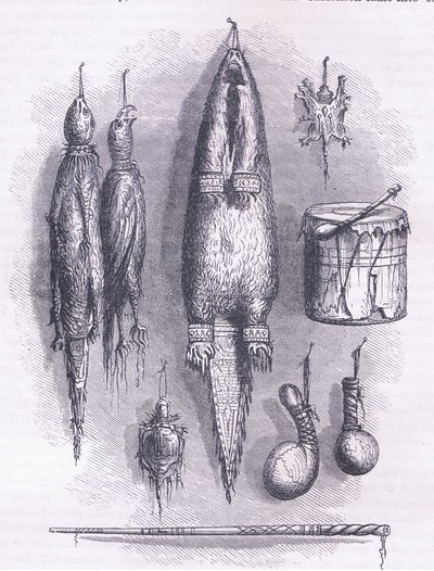 Borsa medica indiana, fischietto misterioso, battaglie e tamburo 1661, illustrazione da Cassell