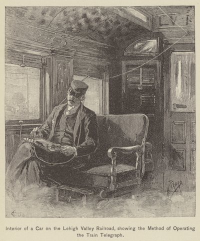 Interno di un vagone sulla Lehigh Valley Railroad, mostrando il metodo di operare il telegrafo del treno da American School