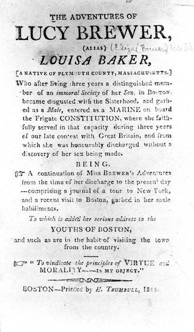 Pagina introduttiva di Le avventure di Lucy Brewer stampata da H. Trumbull, Boston, 1815 da American School