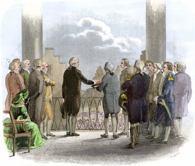 Investitura di George Washington (1732-1799) (incisione a colori) da American School