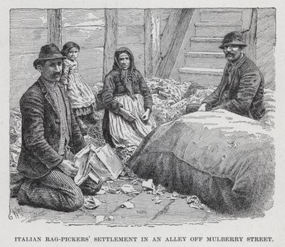 Insediamento di raccoglitori di stracci italiani in un vicolo di Mulberry Street (litografia) da American School