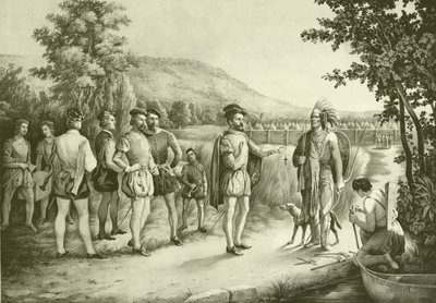 Jacques Cartier, il suo primo incontro con gli indiani a Hochelaga ora Montreal nel 1535, c.1850 da American School
