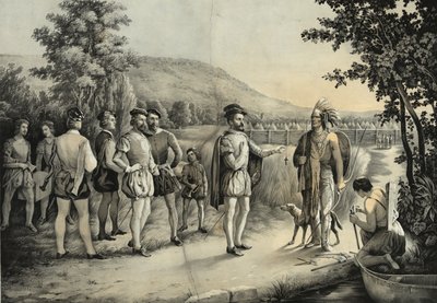 Jacques Cartier, il suo primo incontro con gli indiani a Hochelaga ora Montreal nel 1535, c.1850 da American School
