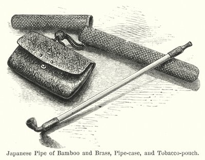 Pipa giapponese di bambù e ottone, custodia per pipa e borsa per tabacco (incisione) da American School