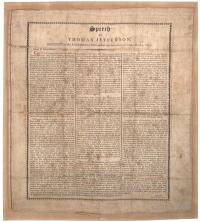 Primo discorso inaugurale di Jefferson, stampato da Pechin, Baltimora, 4 marzo 1801 da American School