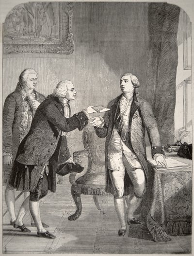 John Adams (1735-1826) come primo ambasciatore americano alla corte inglese, presenta le sue credenziali a Re Giorgio III (1738-1820) da American School
