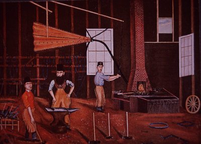 John Mohler Studebaker (al centro), costruttore di carri tedesco-americano in officina, c.1858 da American School