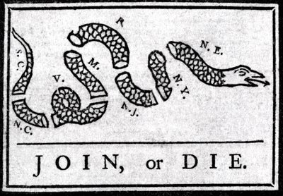 Join or Die, disegno, considerato il primo cartone politico, pubblicato nella "Pennsylvania Gazette" da Benjamin Franklin nel 1754. Rappresenta un serpente diviso in diverse sezioni con la leggenda "Join or Die". Questo è un appello alle 13 colonie america da American School