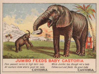 Jumbo nutre il bambino Castoria, pubblicità per la medicina Castoria di Fletcher, con il famoso elefante del circo di P.T. Barnum da American School