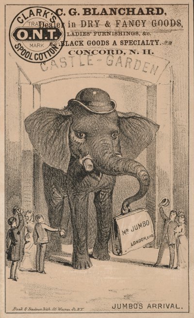 Arrivo di Jumbo, pubblicità per il cotone da rocchetto di Clark, con il famoso elefante del circo di P.T. Barnum da American School