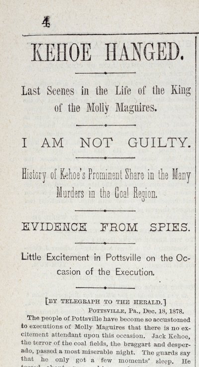 Kehoe impiccato, dal New York Herald, 19 dicembre 1878 da American School