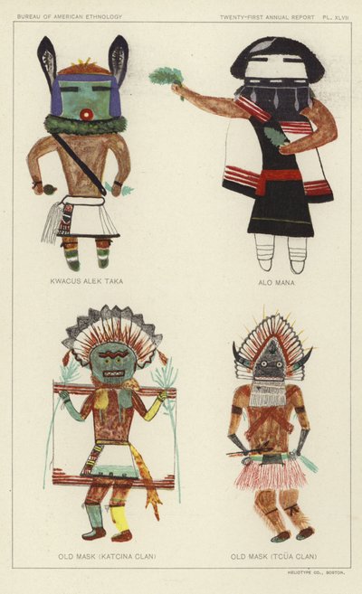 Kwacus Alek Taka, Alo Mana, Antica maschera (clan Katcina), Antica maschera (clan Tcua) (litografia a colori) da American School