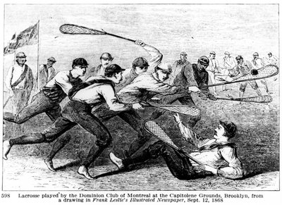Lacrosse giocato dal Dominion Club di Montreal ai Capitoline Grounds, Brooklyn, da un disegno nel Frank Leslie
