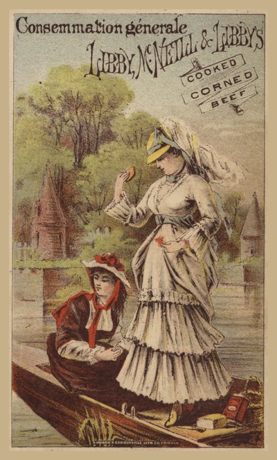 Signore che fanno puntare sul fiume mangiando carne in scatola da American School