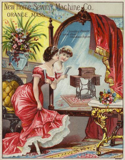 Signora che ammira il riflesso della macchina da cucire nello specchio da American School
