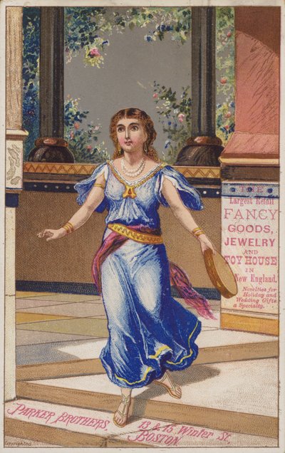 Signora con vestito blu che tiene un tamburello da American School