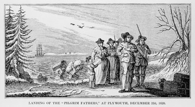 Sbarco dei Padri Pellegrini a Plymouth su Cape Cod, Massachusetts, 22 dicembre 1620, stampato in History and Antiquity of New England, New York... 1842 da American School
