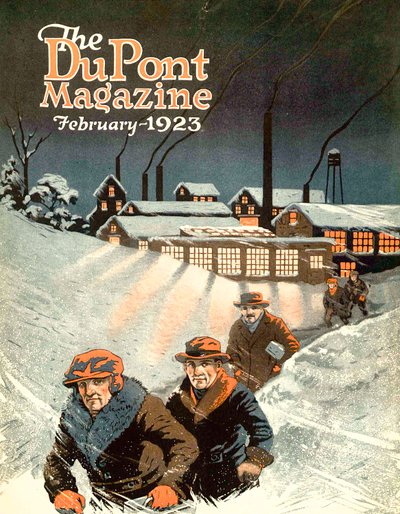 Lasciare il lavoro nella neve, copertina della rivista DuPont, febbraio 1923 da American School