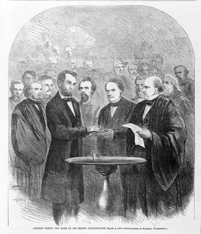 Lincoln che presta giuramento alla sua seconda inaugurazione, 4 marzo 1865, pubblicato 1865 da American School