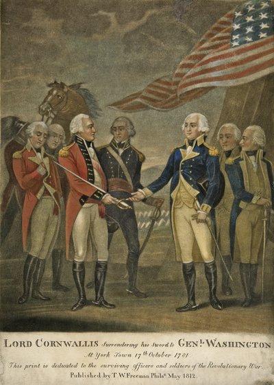 La resa di Lord Cornwallis a Gen. Washington a York Town da American School