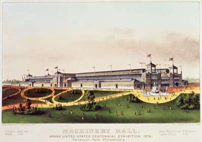 Sala delle macchine, Grande Esposizione Centennale degli Stati Uniti, Fairmount Park, pubblicata da Nathaniel Currier (1813-88) e James Merritt Ives (1824-95), 1876 da American School