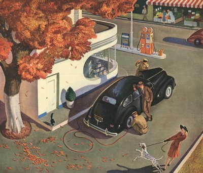 Uomo che fa riparare la sua auto in una stazione di servizio da American School