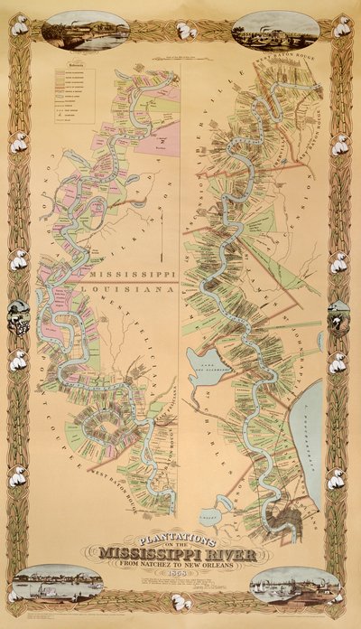 Mappa raffigurante le piantagioni sul fiume Mississippi da Natchez a New Orleans, 1858 da American School